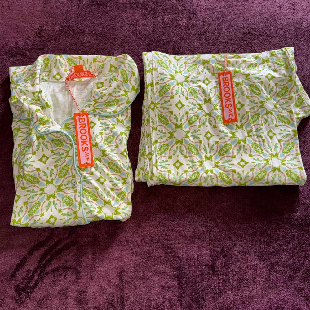 Brooks White Pajama Set with Lime Green Floral Geometric Print